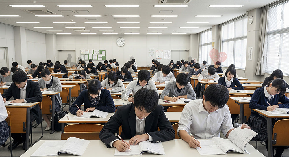 フリー素材 無料 写真|大きな試験会場で一斉に試験を受ける日本人受験生のテストシーン 余白あり