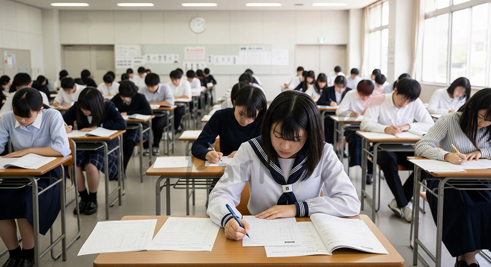 フリー素材 無料 写真|大きな試験会場で一斉に試験を受ける日本人受験生のテストシーン