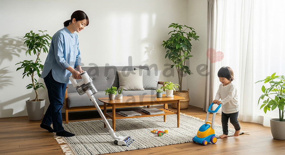 フリー素材 無料 写真|リビングで掃除機をかける日本人母親と真似をする幼児の家事シーン 写真背景