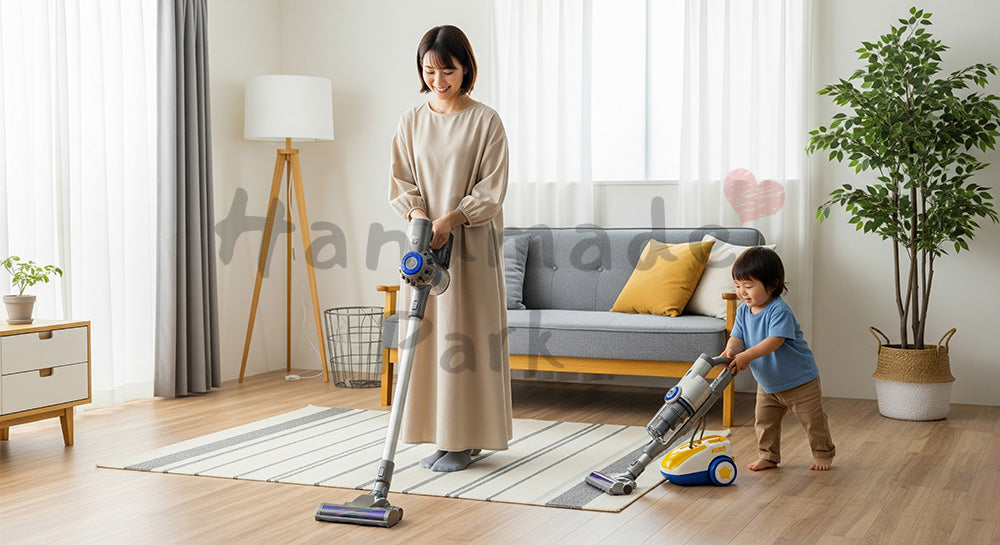 フリー素材 無料 写真|リビングで掃除機をかける日本人母親と真似をする幼児の家事シーン