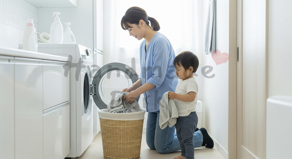 フリー素材 無料 写真|洗面所で洗濯物を運ぶ日本人母子のランドリーシーン 写真背景