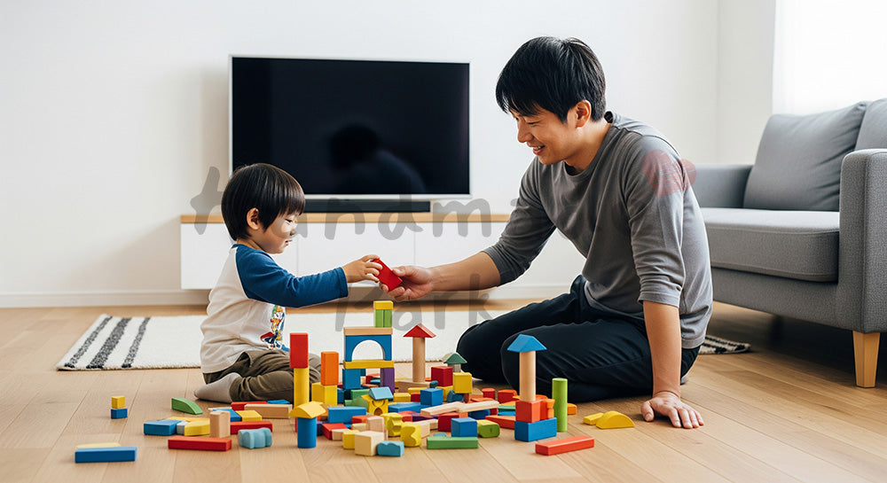 フリー素材 無料 写真|リビングで積み木遊びを楽しむ日本人父親と幼児の子育てシーン 余白あり