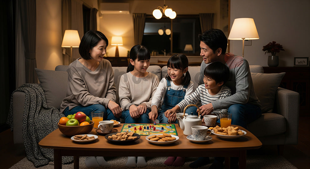 フリー素材 無料 写真|夜のリビングでお菓子を囲み家族団らんを楽しむ日本人家族 余白あり