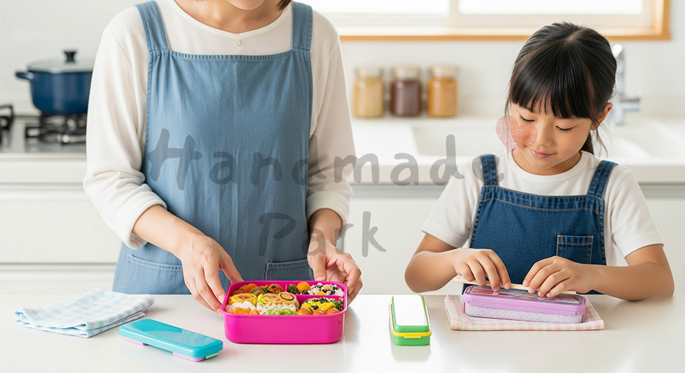 フリー素材 無料 写真|キッチンで子どものお弁当を準備する日本人母親と身支度をする小学生 背景素材