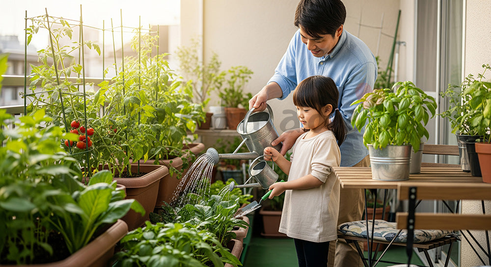 フリー素材 無料 写真|家庭菜園のプランターに親子で水やりをする日本人家族 余白あり