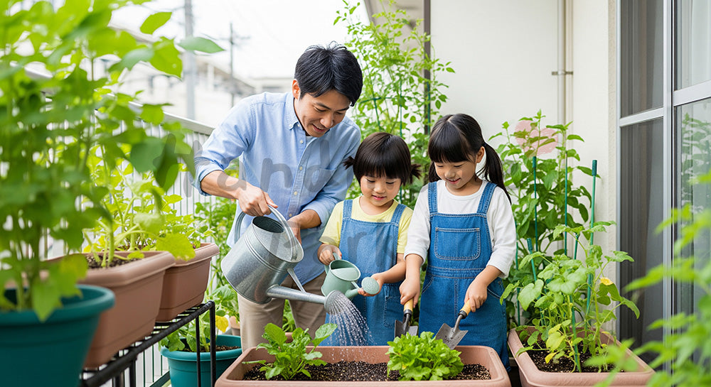 フリー素材 無料 写真|家庭菜園のプランターに親子で水やりをする日本人家族 背景素材