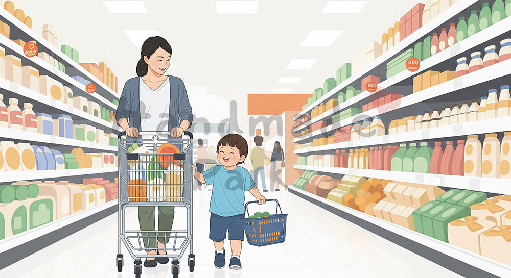 フリー素材 無料 写真|スーパーでショッピングカートを押しながら子どもと買い物をする日本人母子 写真背景