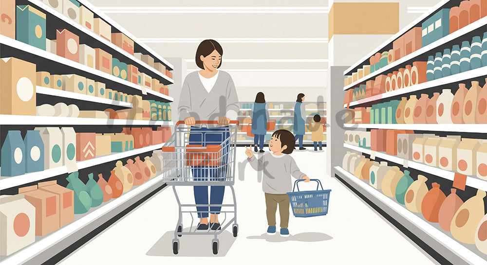 フリー素材 無料 写真|スーパーでショッピングカートを押しながら子どもと買い物をする日本人母子 背景素材