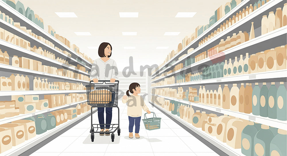 フリー素材 無料 写真|スーパーでショッピングカートを押しながら子どもと買い物をする日本人母子