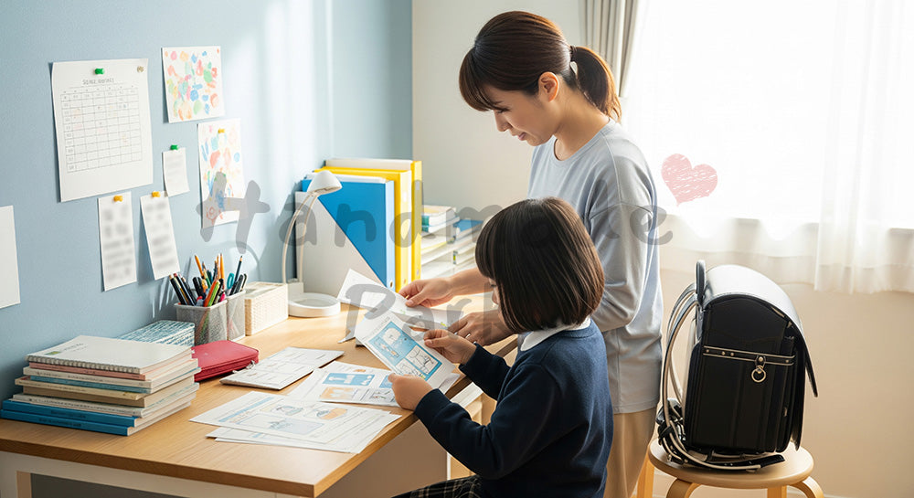 フリー素材 無料 写真|子ども部屋で学習机まわりのプリントを整理する日本人母子のシーン 写真背景