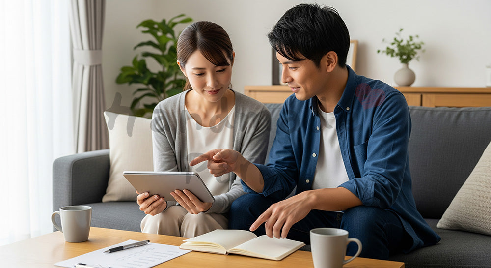 フリー素材 無料 写真|ソファで家事分担表を見ながら話し合う日本人夫婦のライフスタイルシーン 余白あり