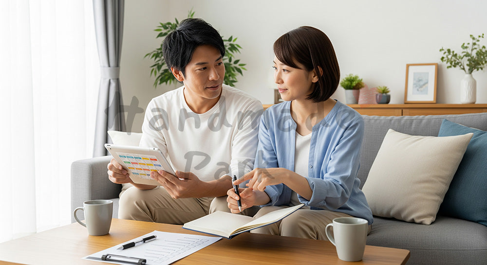フリー素材 無料 写真|ソファで家事分担表を見ながら話し合う日本人夫婦のライフスタイルシーン