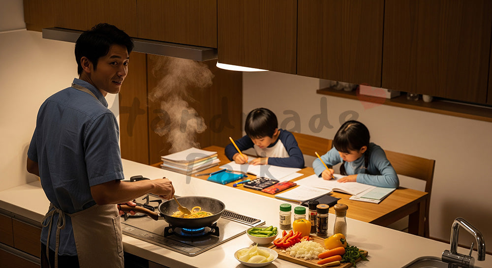 フリー素材 無料 写真|キッチンで夕食を作りながらダイニングの子どもを見守る日本人父親 余白あり