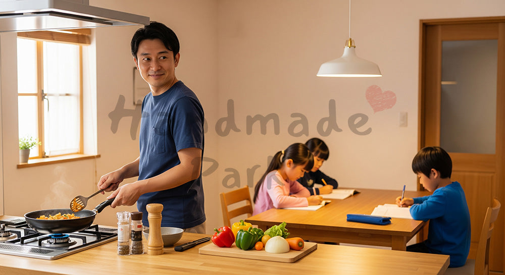 フリー素材 無料 写真|キッチンで夕食を作りながらダイニングの子どもを見守る日本人父親 写真背景