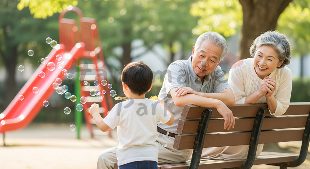フリー素材 無料 写真|公園のベンチで孫とシャボン玉遊びを楽しむ日本人祖父母の子育てサポート 余白あり