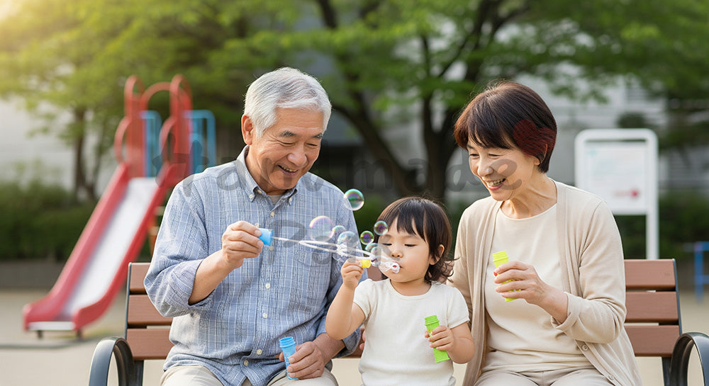 フリー素材 無料 写真|公園のベンチで孫とシャボン玉遊びを楽しむ日本人祖父母の子育てサポート 背景素材