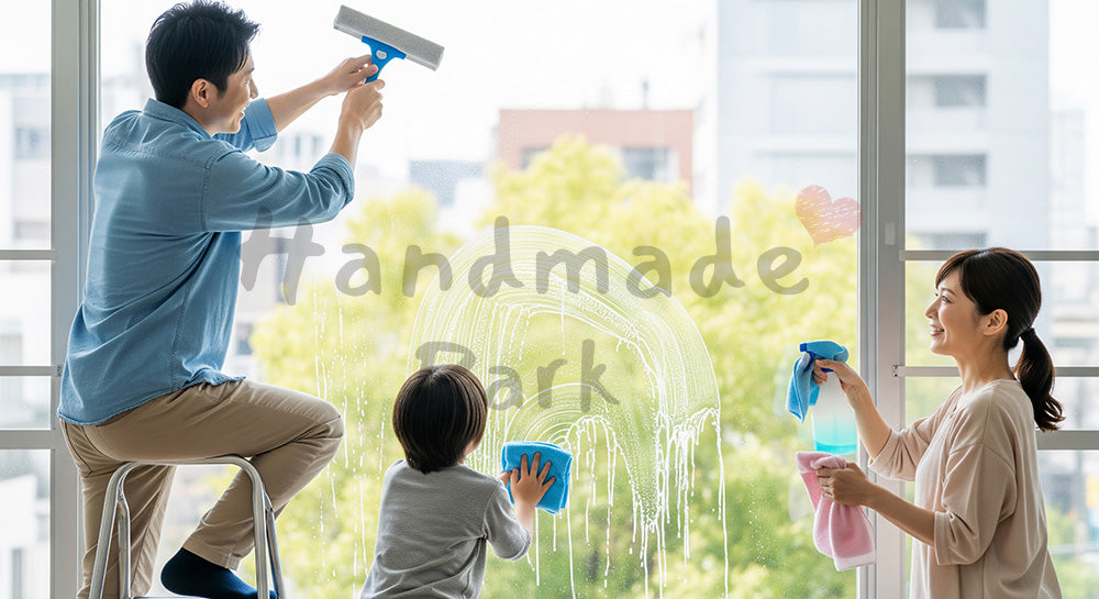フリー素材 無料 写真|窓ガラスを家族みんなで掃除する日本人家族の大掃除・日常掃除シーン 背景素材