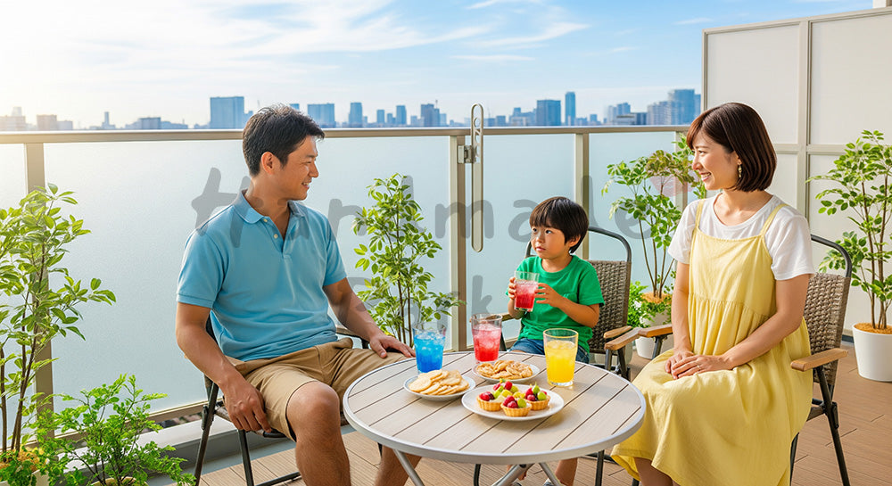 フリー素材 無料 写真|バルコニーで飲み物とおやつを楽しむ日本人家族のくつろぎシーン 余白あり