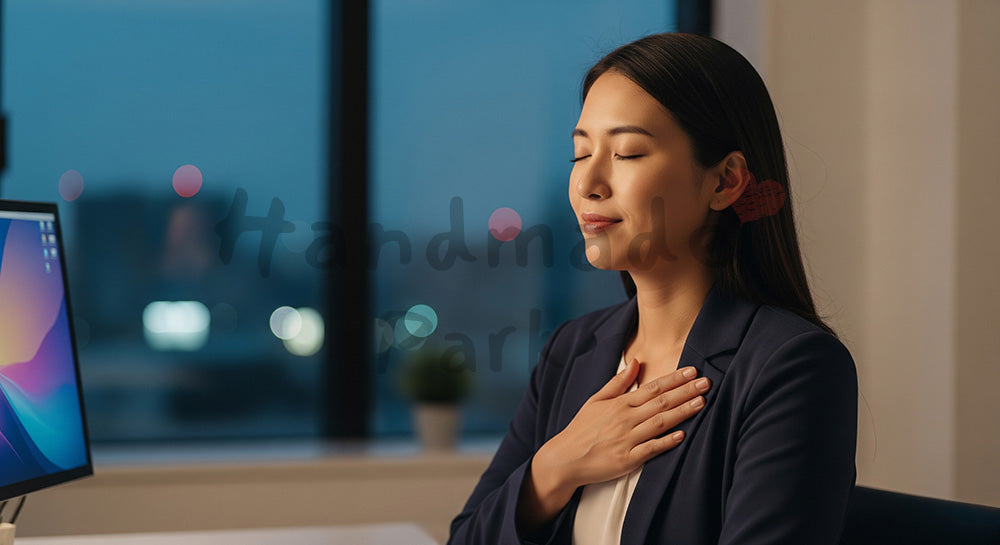 フリー素材 無料 写真|深呼吸で気持ちを整える日本人女性のメンタルケアシーン 余白あり