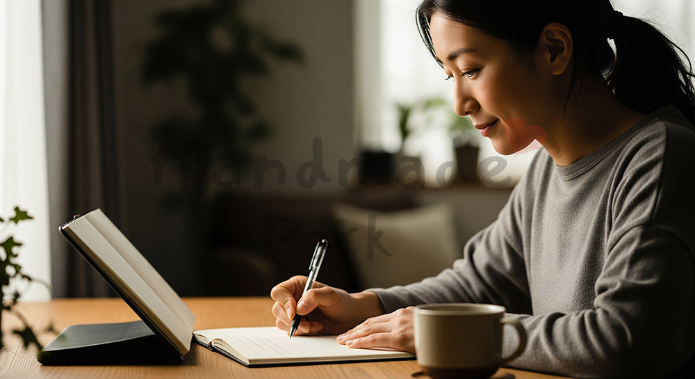 フリー素材 無料 写真|ジャーナリングで気持ちを整える日本人女性の筆記シーン 写真背景