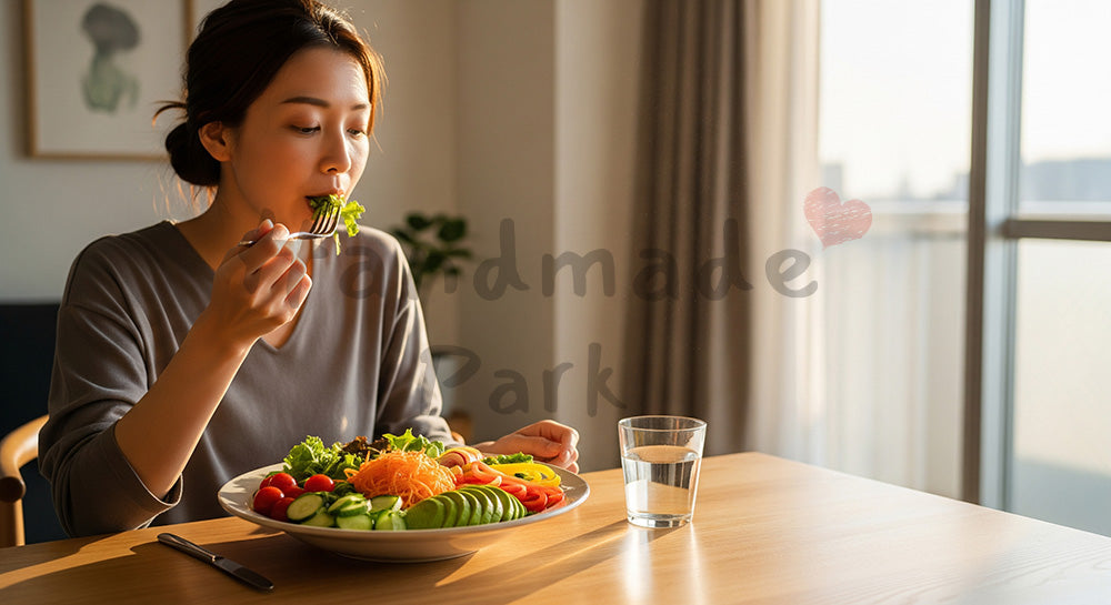 フリー素材 無料 写真|サラダを食べる日本人女性のヘルシーなランチ 写真背景