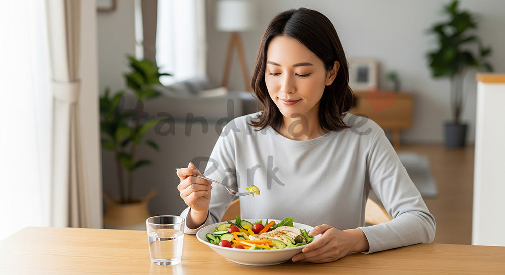 フリー素材 無料 写真|サラダを食べる日本人女性のヘルシーなランチ