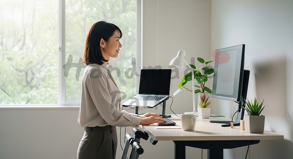 フリー素材 無料 写真|スタンディングデスクで仕事する日本人女性の健康的な働き方 背景素材