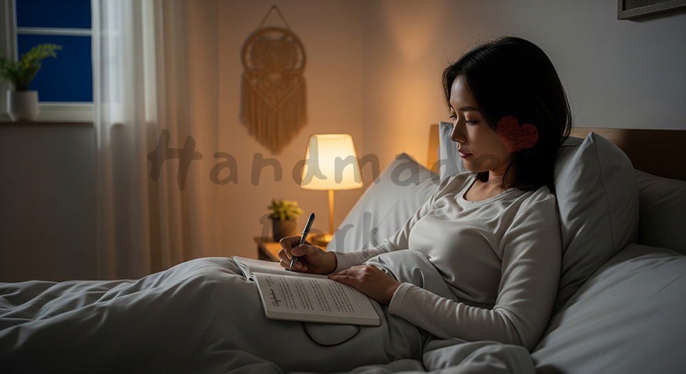 フリー素材 無料 写真|寝る前に感謝日記を書く日本人女性 写真背景