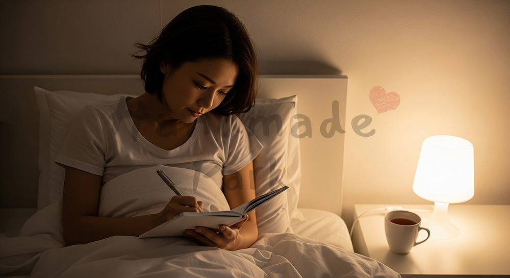 フリー素材 無料 写真|寝る前に感謝日記を書く日本人女性