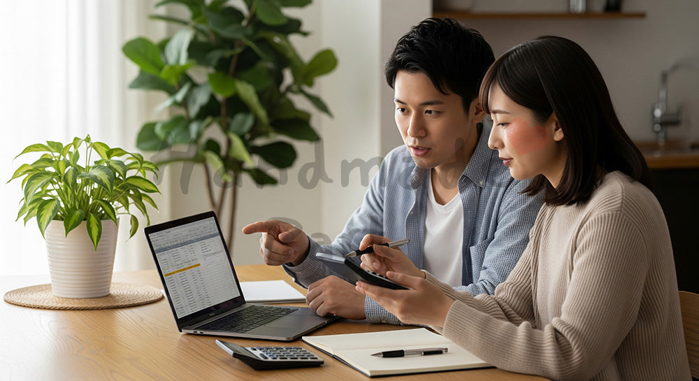 フリー素材 無料 写真|ノートPCと電卓で家計管理を話し合う日本人夫婦の家計簿シーン