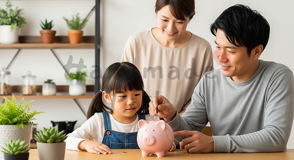 フリー素材 無料 写真|貯金箱に硬貨を入れて家族で貯金の習慣を学ぶ日本人家庭 余白あり