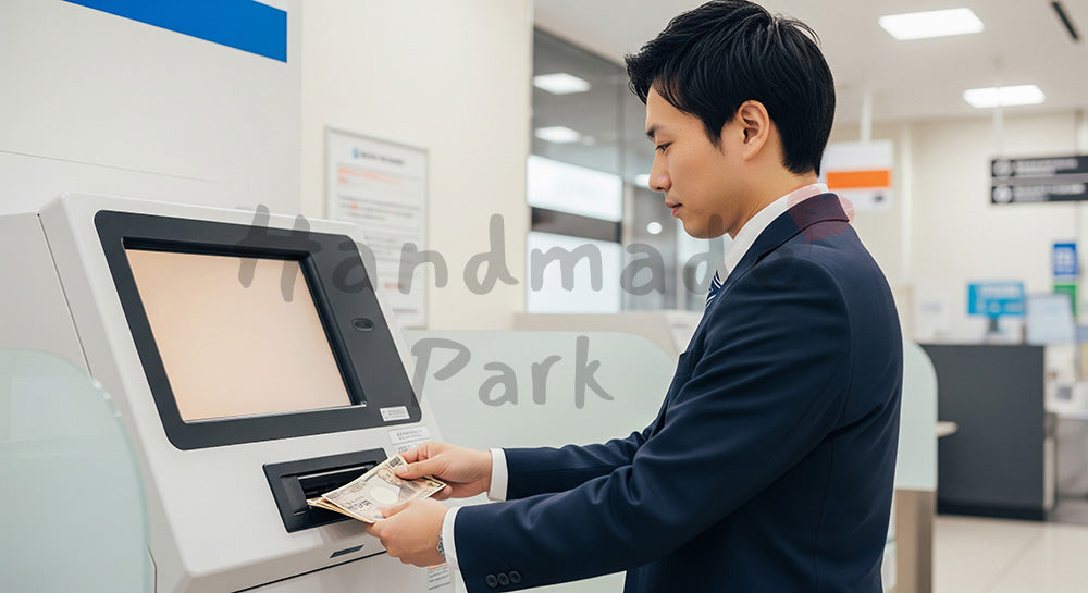 フリー素材 無料 写真|ATMで入金操作をする日本人男性の金融シーン 余白あり