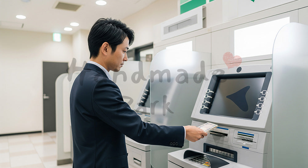 フリー素材 無料 写真|ATMで入金操作をする日本人男性の金融シーン 背景素材
