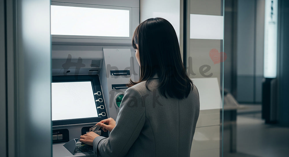 フリー素材 無料 写真|ATMで現金を引き出す日本人女性の資金管理シーン 写真背景