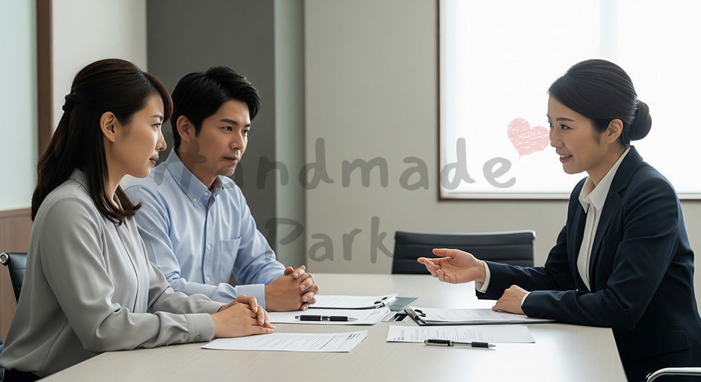 フリー素材 無料 写真|ファイナンシャルプランナーに家計相談をする日本人夫婦 余白あり