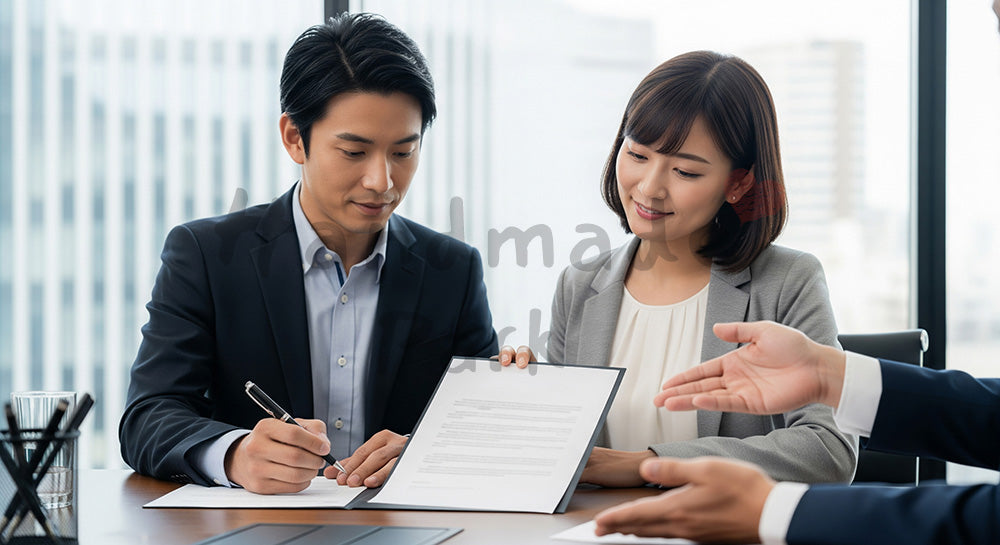 フリー素材 無料 写真|中立的な契約書に署名する日本人夫婦のライフプランシーン 背景素材