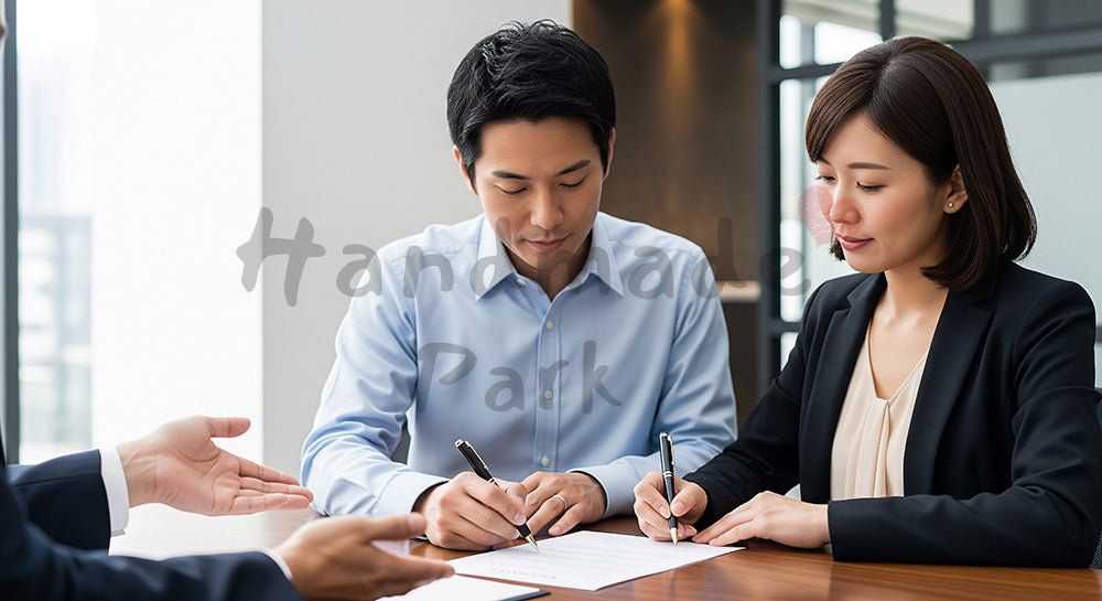 フリー素材 無料 写真|中立的な契約書に署名する日本人夫婦のライフプランシーン