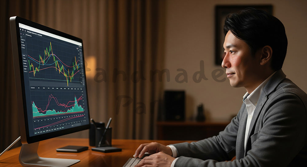 フリー素材 無料 写真|投資管理画面を確認する日本人男性の資産運用シーン 余白あり
