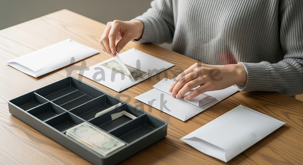 フリー素材 無料 写真|封筒と仕分けケースで現金管理を行う日本人女性の節約術