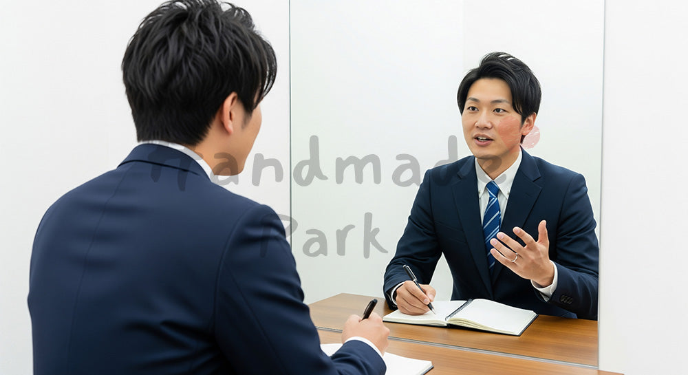 フリー素材 無料 写真|昇給面談の練習をする日本人男性のキャリアアップ準備 余白あり