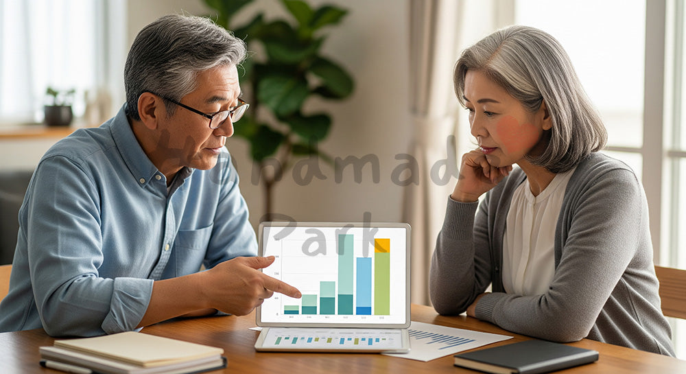 フリー素材 無料 写真|老後資金計画を無地の資料で検討する日本人夫婦 写真背景