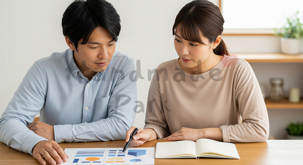 フリー素材 無料 写真|教育費の将来計画を話し合う日本人夫婦 余白あり