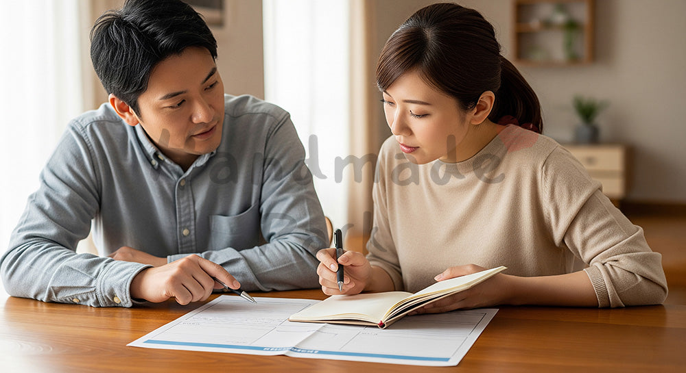 フリー素材 無料 写真|教育費の将来計画を話し合う日本人夫婦 写真背景