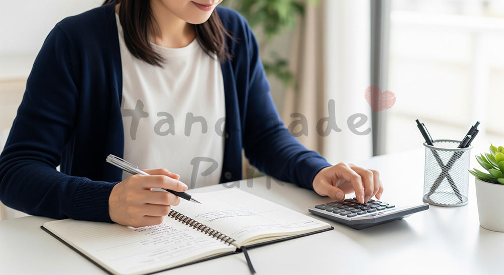 フリー素材 無料 写真|副業収支をノートで整理する日本人女性 背景素材