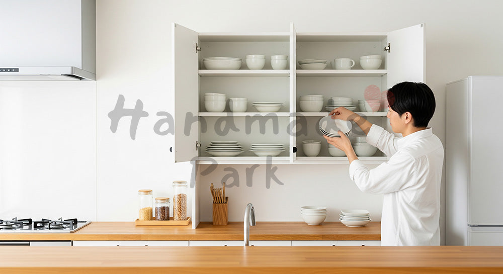 フリー素材 無料 写真|キッチンの食器棚を整理する日本人男性のすっきり暮らし 写真背景