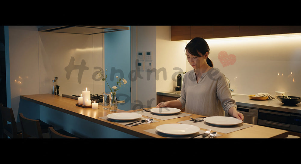 フリー素材 無料 写真|食器とカトラリーでテーブルセッティングをする日本人女性 余白あり