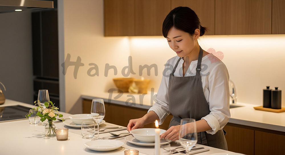 フリー素材 無料 写真|食器とカトラリーでテーブルセッティングをする日本人女性 背景素材