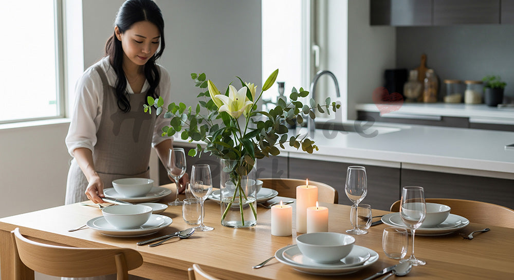 フリー素材 無料 写真|食器とカトラリーでテーブルセッティングをする日本人女性