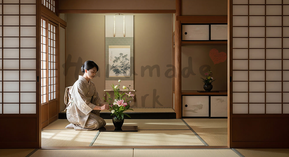 フリー素材 無料 写真|床の間に季節の花を生ける日本人女性の和インテリアシーン 余白あり