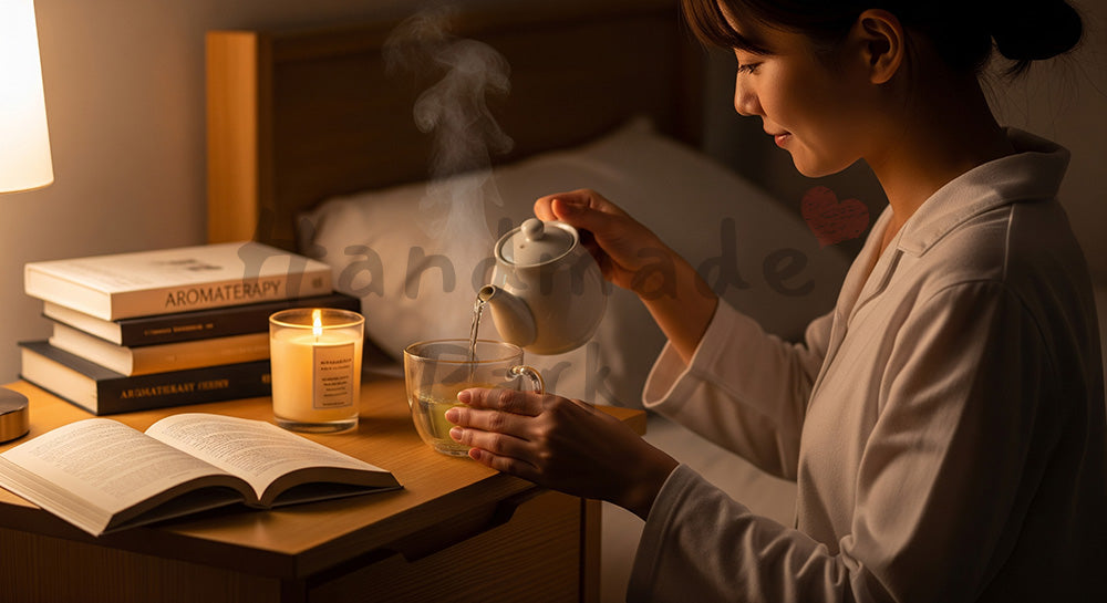 フリー素材 無料 写真|寝る前にハーブティーを淹れてリラックスする日本人女性 背景素材